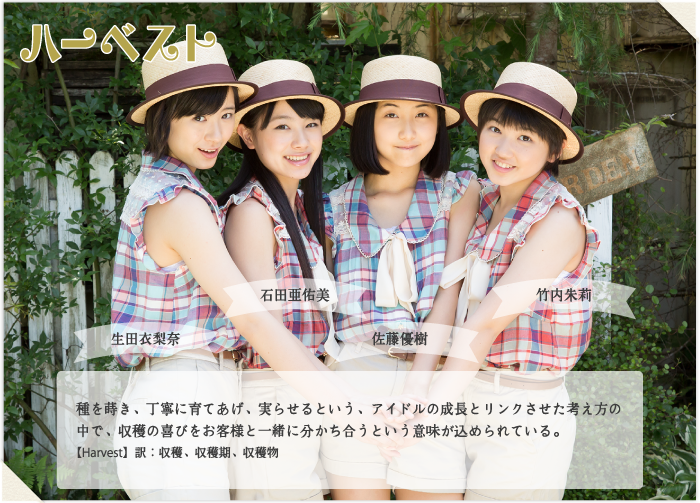 ハーベスト 種を蒔き、丁寧に育てあげ、実らせるという、アイドルの成長とリンクさせた考え方の中で、収穫の喜びをお客様と一緒に分かち合うという意味が込められている。
【Harvest】訳：収穫、収穫期、収穫物

