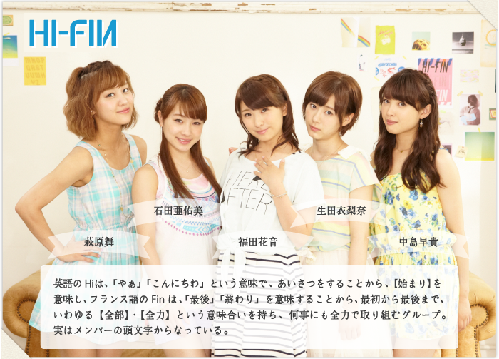 英語のHiは、「やぁ」「こんにちわ」という意味で、あいさつをすることから、【始まり】を意味し、フランス語のFinは、「最後」「終わり」を意味することから、最初から最後まで、いわゆる【全部】・【全力】という意味合いを持ち、何事にも全力で取り組むグループ。
実はメンバーの頭文字からなっている。

